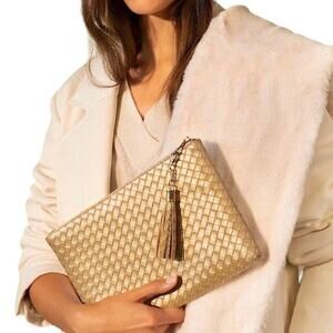 Virginia Wolf Leather Metallic Gold Woven Clutch Cosmetic Bag NWT